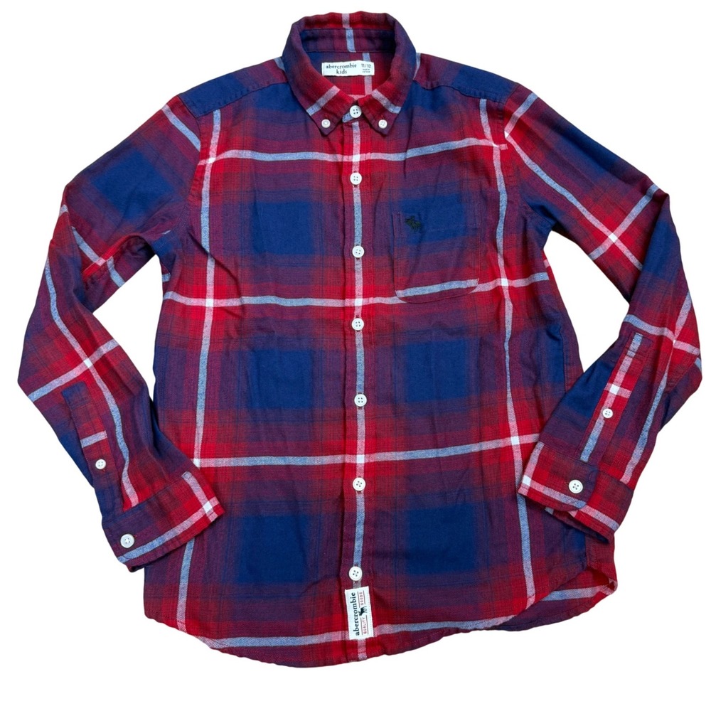 Abercrombie Kids Plaid Flannel Button Down Size 11/12 Red/Navy Cabincore